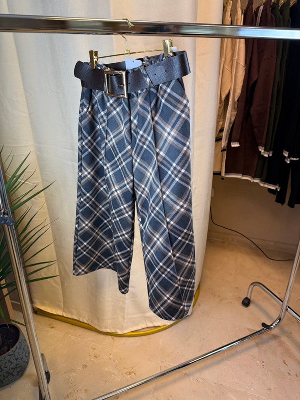 Pantalón Midi de Cuadros con Cinturón Azul